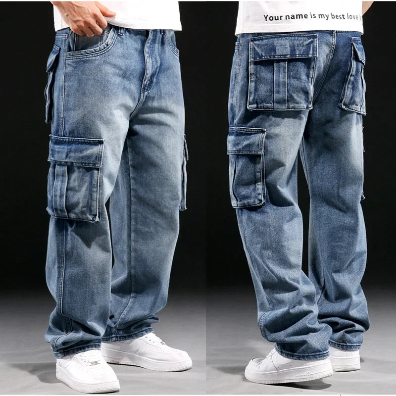 New Men's Fashion Multiple Pockets Loose Jeans Casual Denim Straight Pants Male Hip Hop Wide Leg Cargo Trousers Streetwear