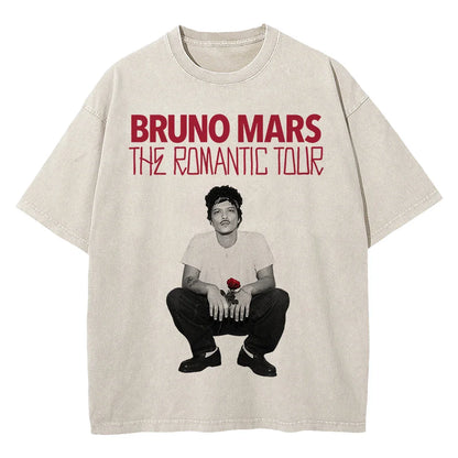 100% Cotton Vintage Washed Bruno Mars The Romantic Tour 2026 T Shirt Fashion Men Aesthetic Oversized Loose Acid Wash Tees Shirts