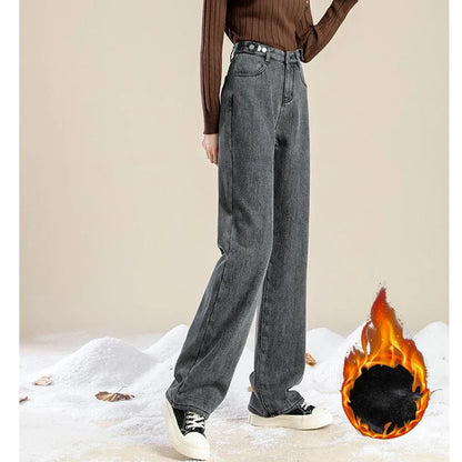 Winter Girls Plush Thermal High Waist Solid Jeans Lady Fleece Snow Warm Denim Pants Women Baggy Straight Leg Daily Trousers