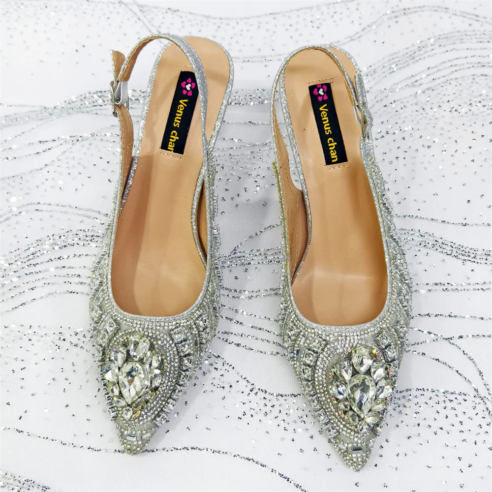 Wome High Heel for Lady 2025 Luxury Designer Orange Color Full Diamond Pointed Toe Wedding Shoe and Bag Set for Party