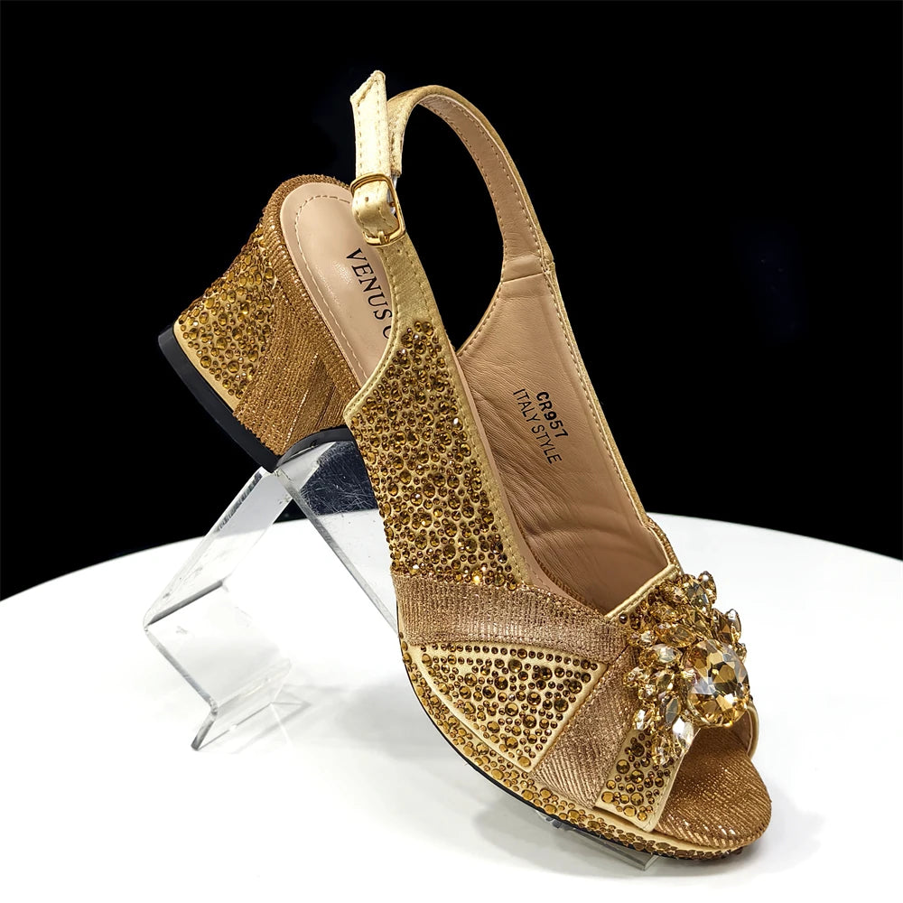 Elegant 2025 Gold Peep-Toe Heels with Diamond Accents - Italian Matching Pumps and Bag Set for Parties