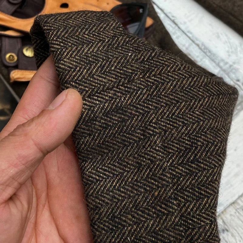 British-Style Vintage Wool Herringbone Pattern Men's Trousers, Large Size, Loose Straight-Leg Naples Men's Pants