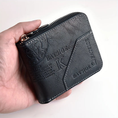 1pc faux Leather Wallet for Men - Premium Retro Letter Embossed Design, Multiple Credit Card Slots, Zipper Closure, Stylish Gift