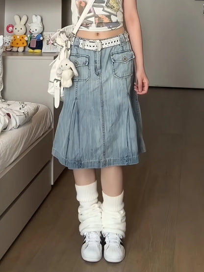 الصيف النساء اليابانية Y2k جماليات 2000s تنورة دنيم متوسطة الطول بقصة على شكل حرف A موضة كورية Kpop Gyaru تنورة جينز Goblin Core Harajuku جديد