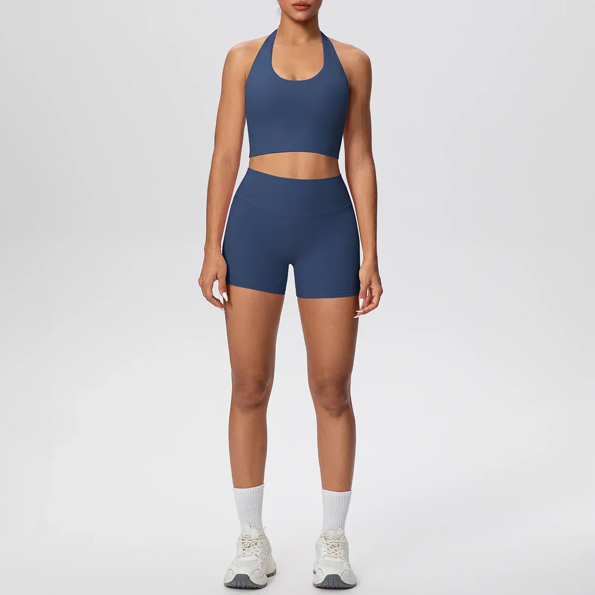 2picese Women Yoga Suit Solid Color High Waist Hip Push Up Fitness Shorts Sexy Pilates Backless Gym Hanging Neck Bra Yoga Set