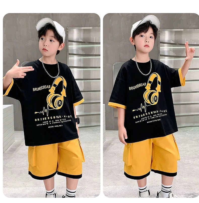 Fashion Stylish Kids Boys Top and Bottom Set Summer Tracksuit Streetwear Children New Trend Short Sleeve Clothes Suit Age 5-14 Y