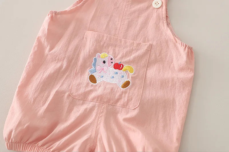 New Summer Suits for Baby Chinese Embroidery Kids Tshirt +Cartoon Horse Overalls 2pcs/sets Toddler Girl Fashion Clothing Outfits