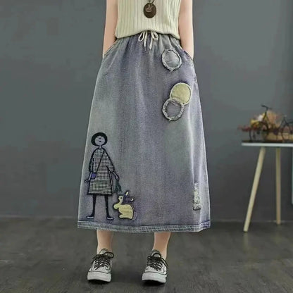 Summer New High Waist A-line Cowboy Skirt for Women Embroidery Slimming Versatile Fashion European American Style Half Skirts