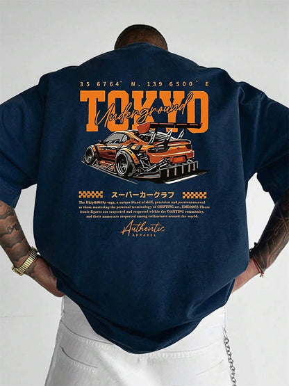 Men's Summer 100% Cotton Fashionable Casual Loose Large Size Japanese Tokyo Pattern Printed Round Neck Short Sleeve T-shirt Top