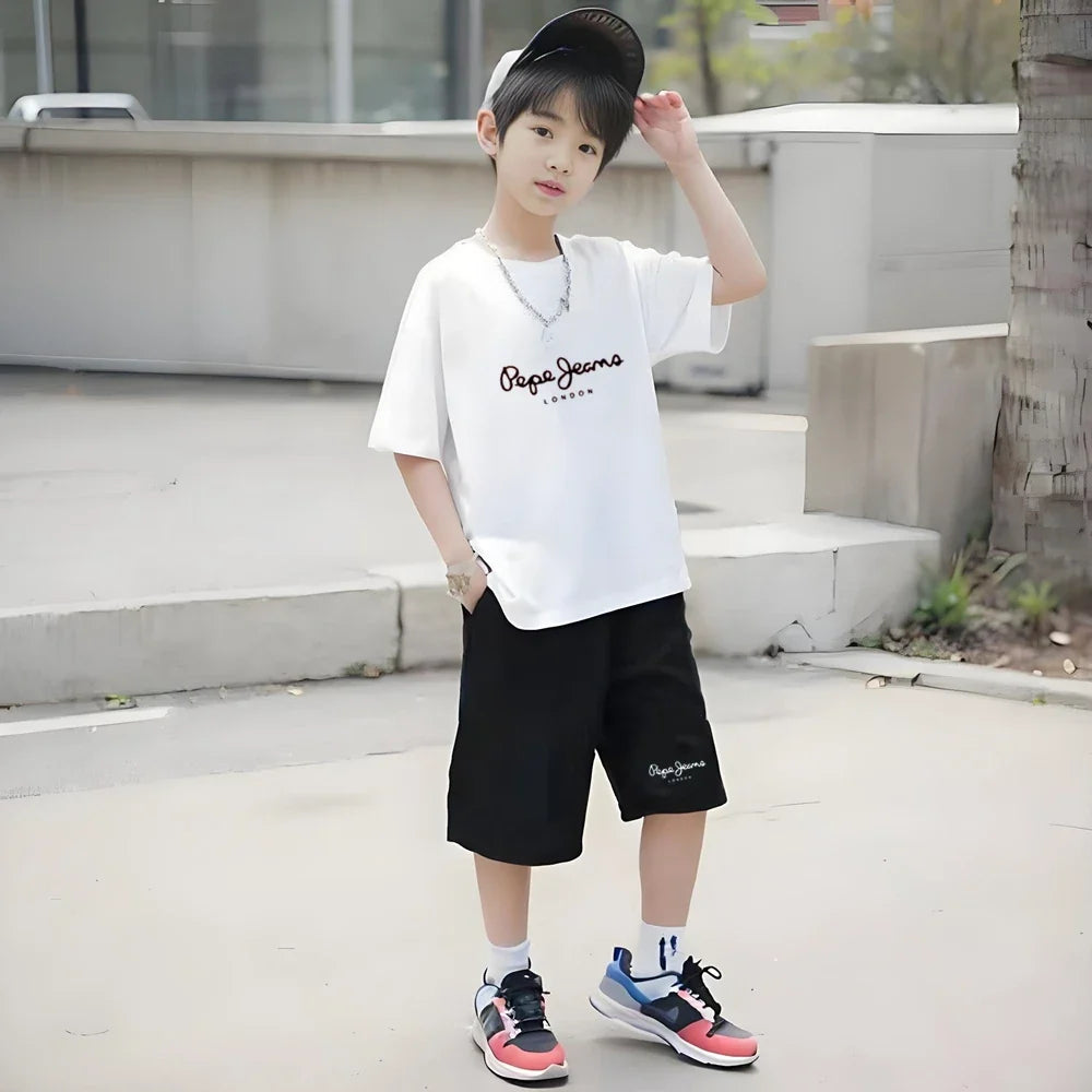 Summer T-shirt Children Short Sleeve Age 3-12 Girls Boy Set White Tshirt+Shorts 2pcs Youngster Cool Refreshing Kids Print Set