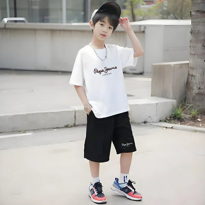 Summer T-shirt Children Short Sleeve Age 3-12 Girls Boy Set White Tshirt+Shorts 2pcs Youngster Cool Refreshing Kids Print Set
