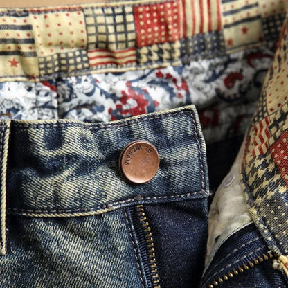 Ripped Short Jeans Men Vintage Denim Shorts Straight Hole Patch Plaid Hip Hop Fashion Knee Length Pants Streetwear