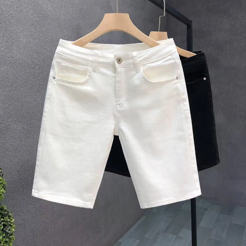 2026 Mens White Denim Shorts Summer Casual Slim Fit Pure Color Five Inch Beach Shorts Simple Stylish Fashion Jeans