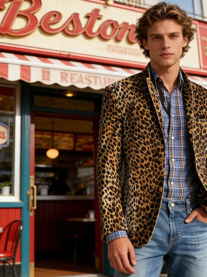 Men's Leopard Print Velvet Blazer Classic Fit Stylish Long Sleeve Notched Lapel Suit Jacket for Nightclub Wedding Streetwear