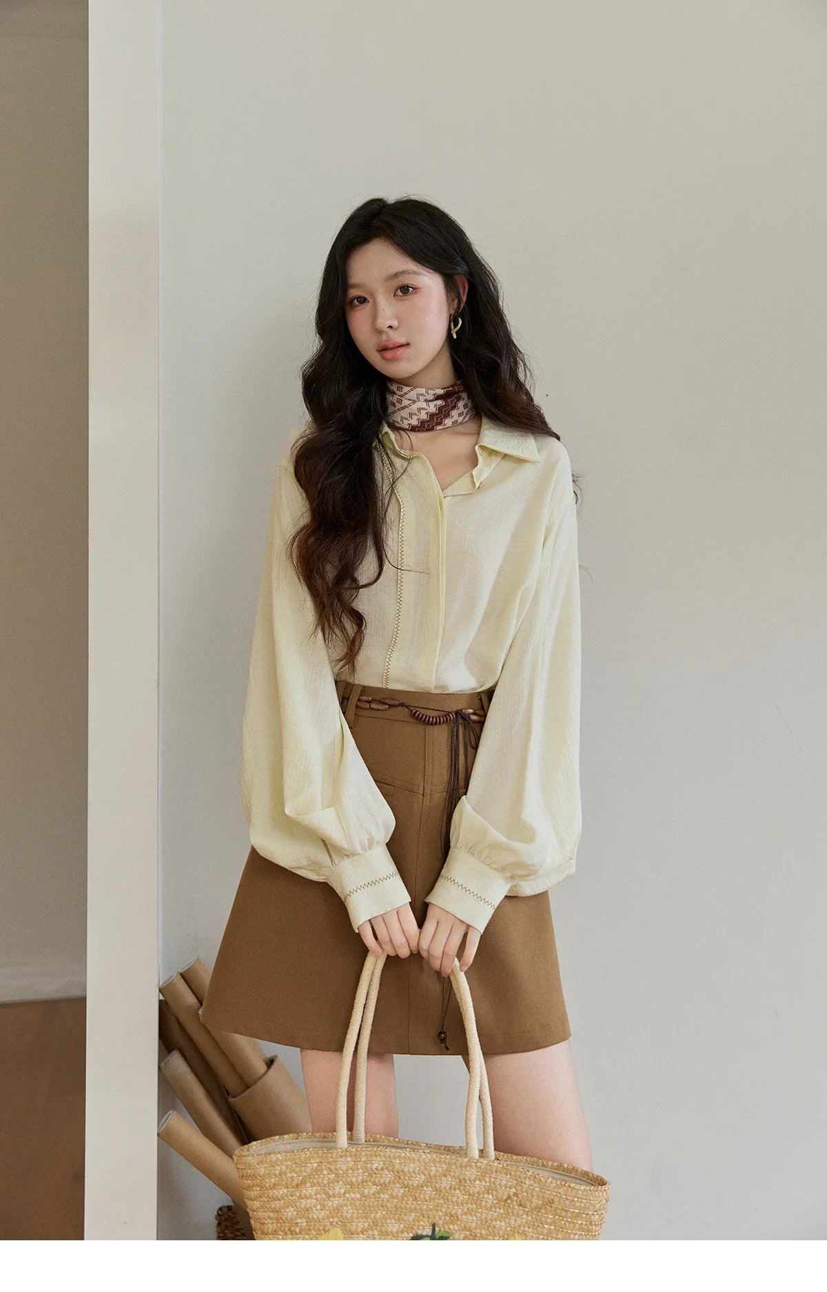 Women's Lapel Lantern Sleeve Shirts 2026 Spring Lace Trim Casual Loose Breathable Solid Shirt Office Lady MXF13C2436