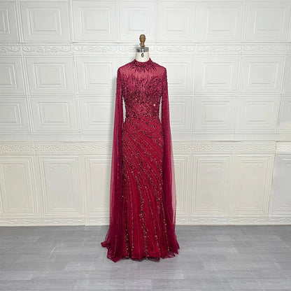 Luxury Saudi Arabia Mermaid Beaded Cape Sleeves High-Neck Evening Dresses 2025 Dubai Party Gowns for Women Wedding Customized