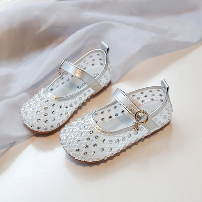 2026Summer Girl's Sandals Crystal Air Mesh Biege Sliver Luxury Kids Flat Shoes Beautiful Party Graceful Anti-skid Childern Shoes