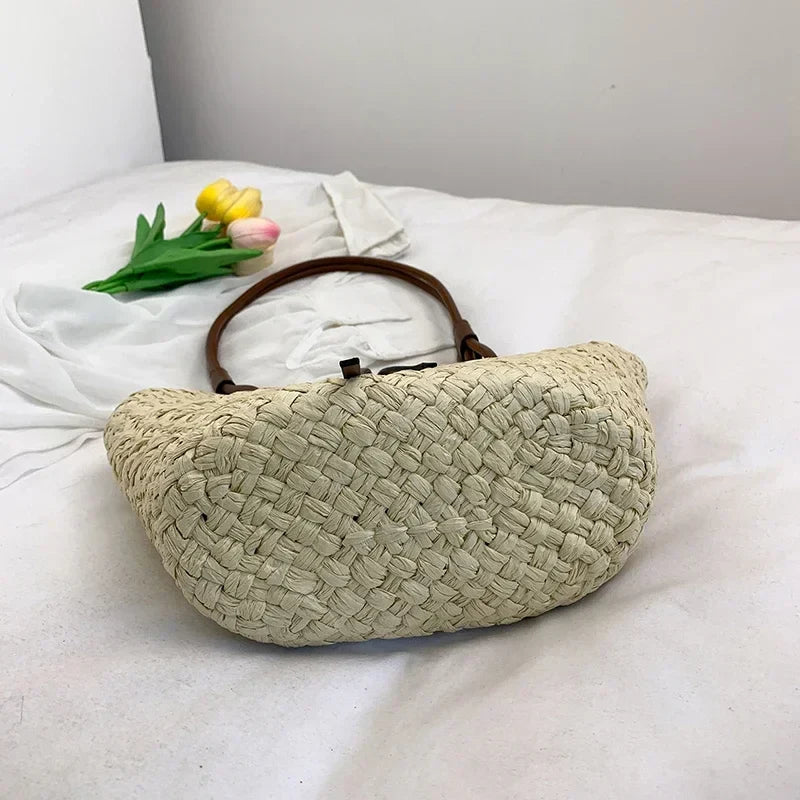 Summer Wicker Woven Basket Bags Rattan Women Handbags Handmade Summer Beach Straw Tote Bag Designer Shoulder Bag Khaki