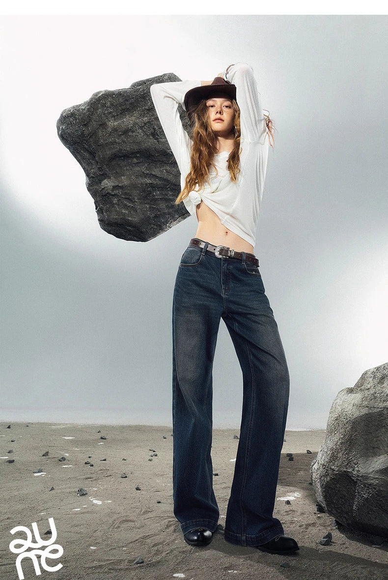 Women Denim Jeans 2025 Autumn New Lycra Stretch Washed Wide Leg Straight Long Pants