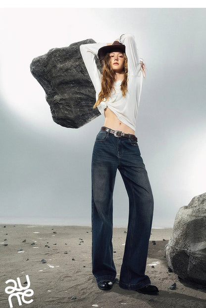 Women Denim Jeans 2025 Autumn New Lycra Stretch Washed Wide Leg Straight Long Pants