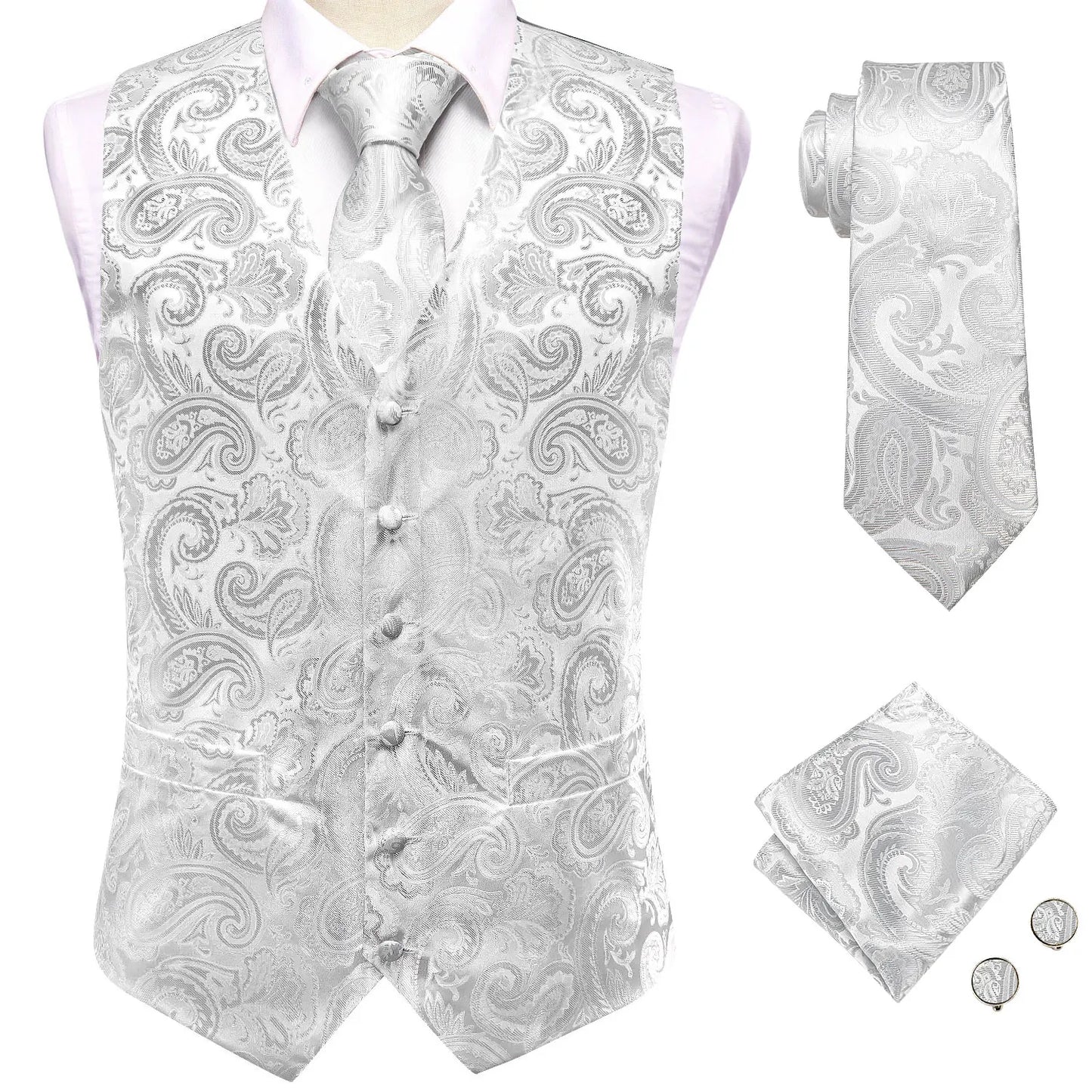 Luxury Mens Waistcoat Tie Set White Black Gray Silver Brown Sleeveless Jacket Suit Vest Necktie Hanky Cufflinks Gift