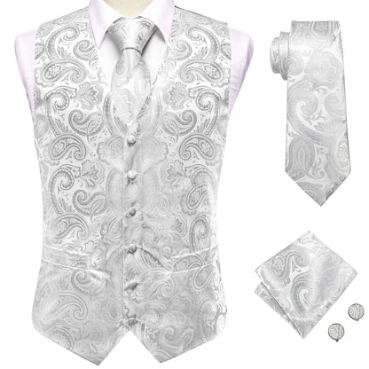 Luxury Mens Waistcoat Tie Set White Black Gray Silver Brown Sleeveless Jacket Suit Vest Necktie Hanky Cufflinks Gift