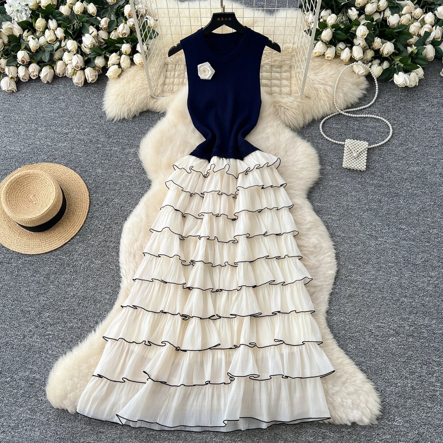 Autumn 3D Floral Spliced Long Dress 2025 Female O Neck Long Sleeves High Quality Slim Luxury Knitted Party Cake Dress