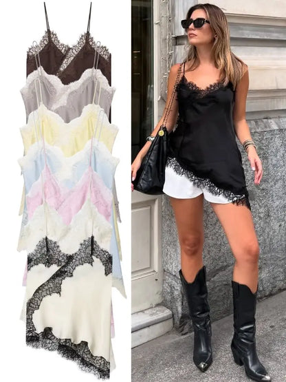 Sexy Women Asymmetrical Lace Slip Tops Summer Female Backless Sleeveless Off Shoulder Underwear Tanks Elegant Beach Camisole