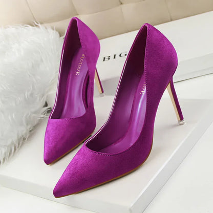 Women 9cm High Heels Yellow Burgundy Pumps Plus Size Stripper Suede Escarpins Lady Wedding Bridal Scarpins Green Blue Prom Shoes