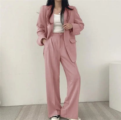 Casual Notch Lapel Suit Set with Button Thick Wide Leg Small Suit Pants High Waist Drape Polyester Business Lady Style Women