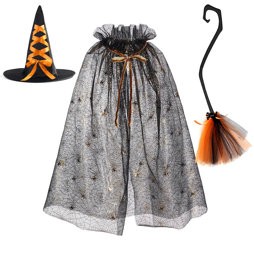 Halloween Witch Cloak Set Spider Web Sheer Mesh Cape Hat and Broom Set for Kids Boys Girls Appliques Feathers Animal