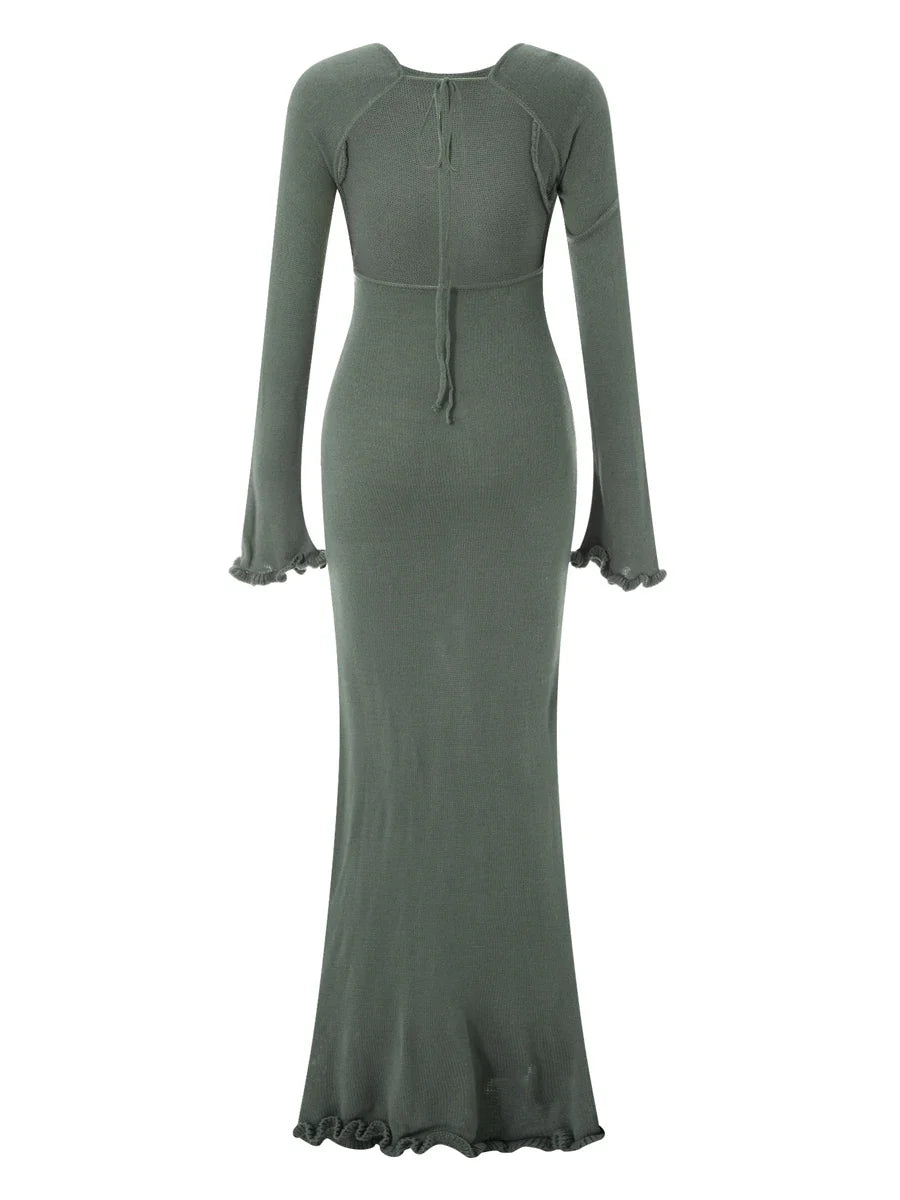 Women's Autumn Winter Knitted Bodycon Dress Long Sleeve Tie Backless Round Neck Solid Color Ruffle Trim Long Dress Beachwear