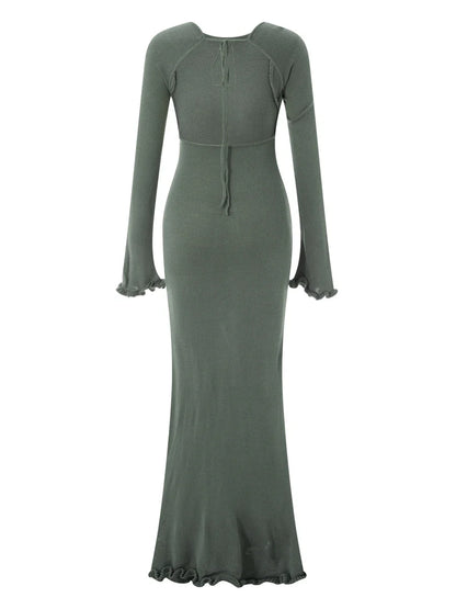 Women's Autumn Winter Knitted Bodycon Dress Long Sleeve Tie Backless Round Neck Solid Color Ruffle Trim Long Dress Beachwear