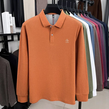 100% High-quality Cotton Latest Men's Polo Long Sleeve Autumn Spring Warm Fashionable Business Casual Cozy Delicate Embossed Top