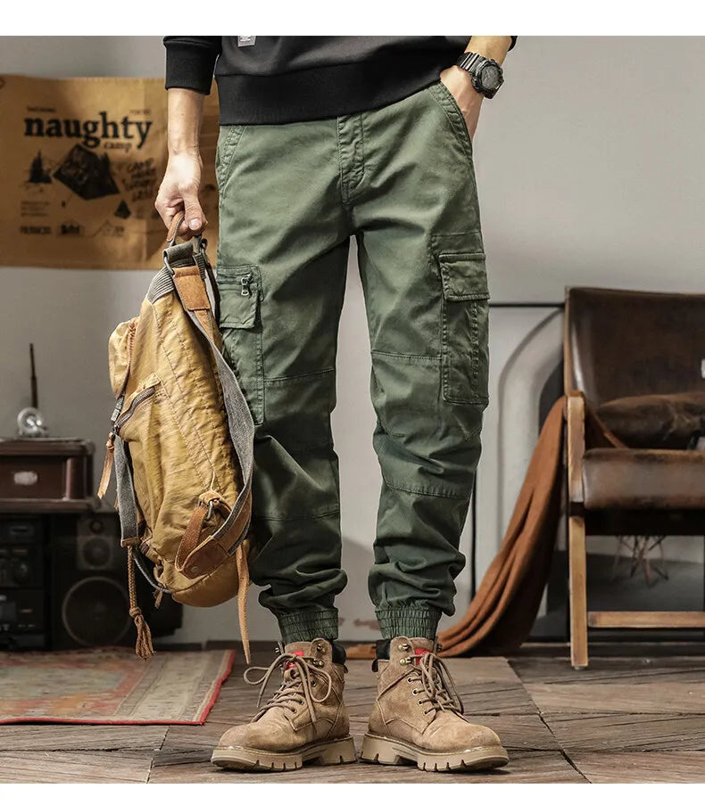 Length Men's Cargo Pant Cotton Stretch Casual Camouflage Trouser Male Camo Cuff Jogger Multi Zip Pocket Outfit Zipper Tied