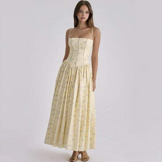 Summer Floral Print Spaghetti Strap Maxi Dress Women Elegant Vintage Holiday Party Beach Wear Dress
