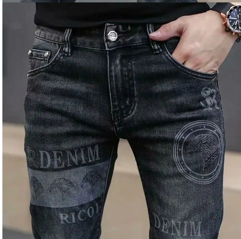 High End Stylish Classic Distinctive Printed Black Stretch Denim Jeans for Men High Quality Slim Fit Stretch Luxury Denim Pants
