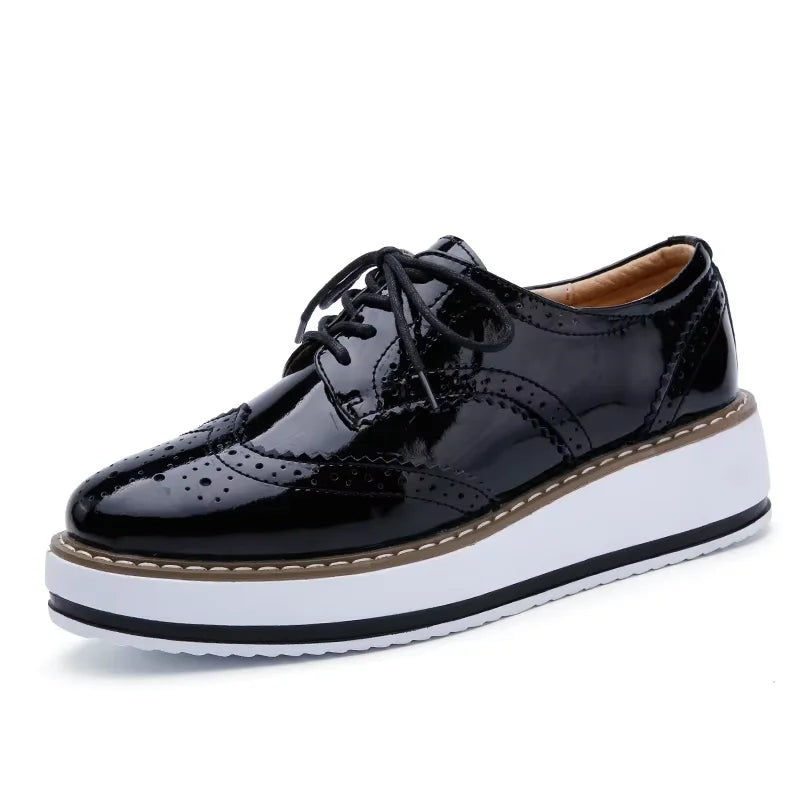 Women's Oxford Flats - Genuine Leather Wingtips Lace-Up Comfort Brogue Derby Patent Platform Casual Shoes for Spring Autumn