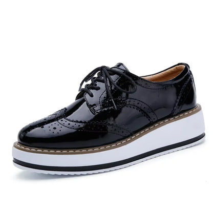 Women's Oxford Flats - Genuine Leather Wingtips Lace-Up Comfort Brogue Derby Patent Platform Casual Shoes for Spring Autumn