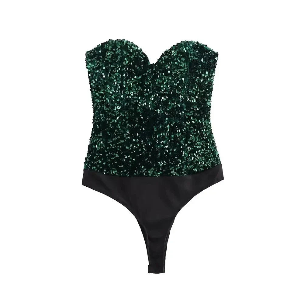 Strapless Sequin Bodysuits for Women, Backless Bodysuits, Sweetheart Neck, Female Playsuits, Sexy Fashion