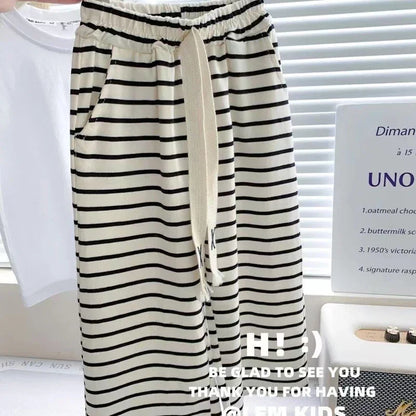 1-8 Years Summer Girls Clothing Set Comfortable Letter T-shirt+Stripe Loose Fitting Pants 2Pcs Suit For Kids Children Outfit