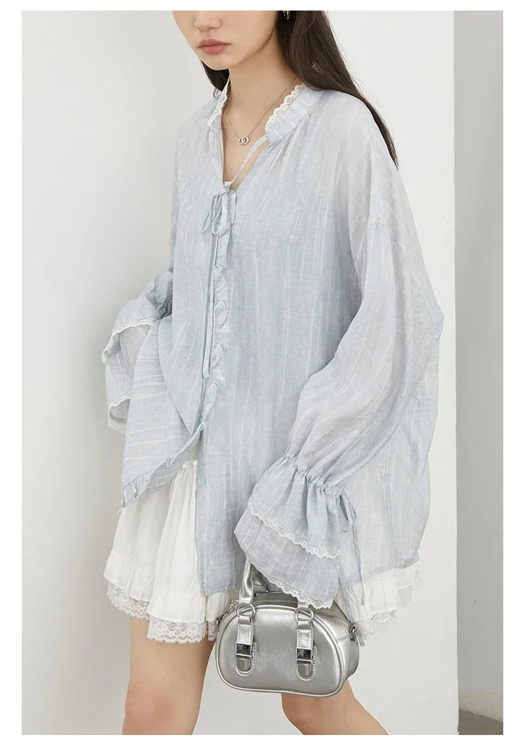 Women Shirt Single Breasted V-neck Loose Casual Long Sleeve New Stand Up Collar Coat Female Blouse Spring Autumn 2025