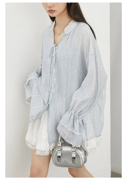Women Shirt Single Breasted V-neck Loose Casual Long Sleeve New Stand Up Collar Coat Female Blouse Spring Autumn 2025