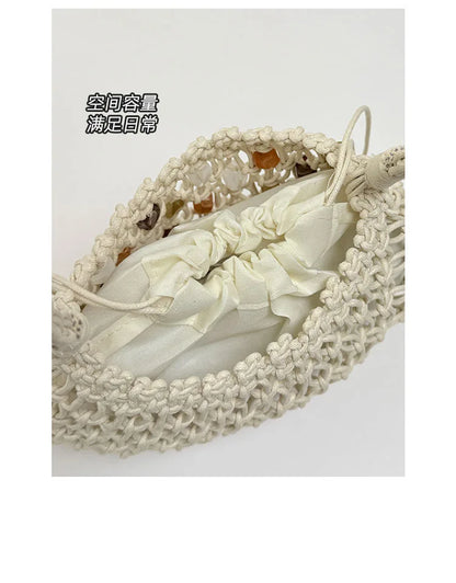 Hollow Beading Women Shoulder Bag Rope Knitting Handbags Bohemian Crochet Mesh Bags for Women Small Woven Beach Bag Flap Tote
