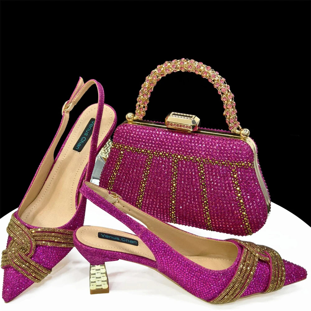 Nigerian Heel Party for Women Shoes and Bag Set Champagne Colour Rhinestone Handbag Italian Design Wedding INS 2024