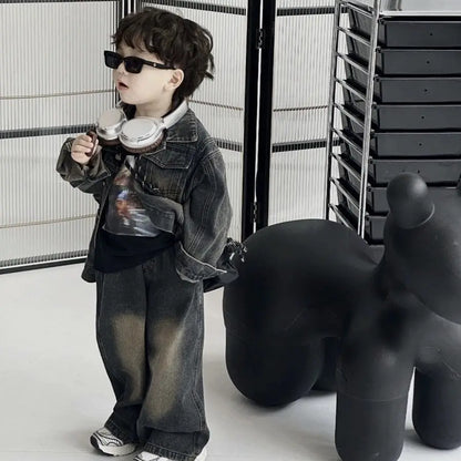 Children's Korean Spring Autumn New Retro Matte Coat for Boys and Girls Korean Loose Cowboy Two Piece Set outfits