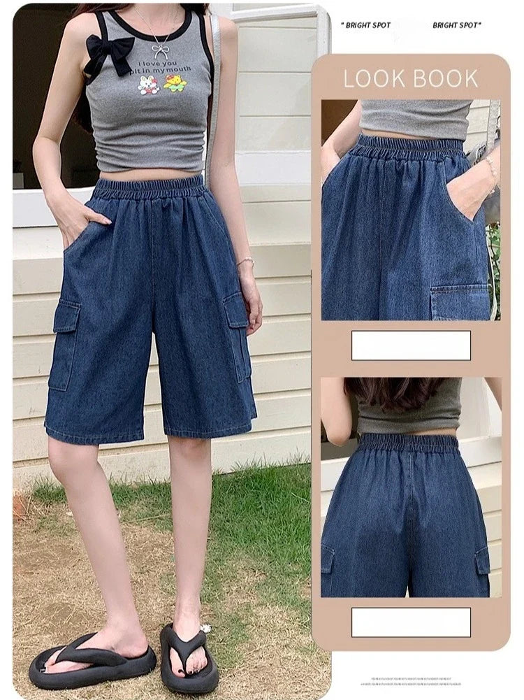 2026 Summer New Women's Denim Shorts Straight Trendy Loose Versatile Dad Shorts Thin Japanese Style Knee-length Pants