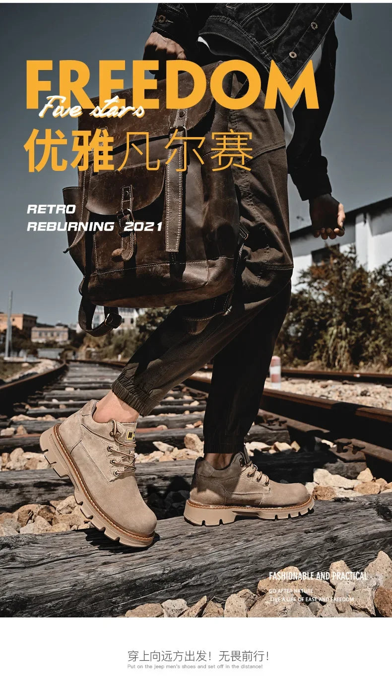 Men Genuine Leather Boots Men's English Style Thick Bottomed Work Clothes Shoes Winter Outdoor Mid Top Men's Boots