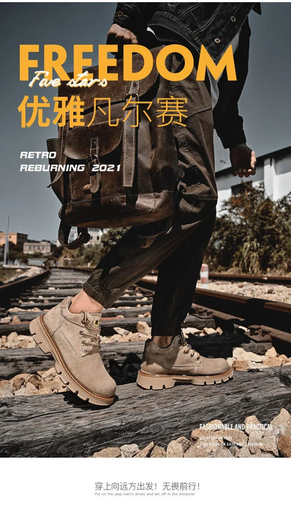 Men Genuine Leather Boots Men's English Style Thick Bottomed Work Clothes Shoes Winter Outdoor Mid Top Men's Boots