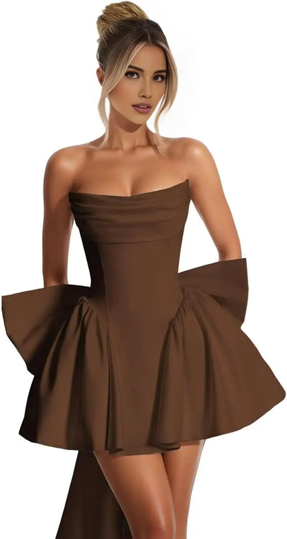 2025 Satin Strapless Back To School Dress with A Large Bow At The Back, Mini Skirt for Teenagers Cocktail Dress Short DanceDress